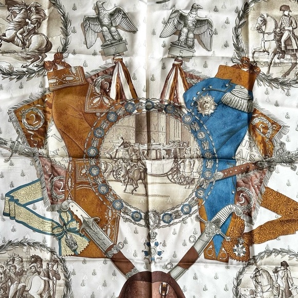 HERMES “Napoleon” 100% Silk Brown Blue & Cream Bumblebee Square Scarf Carre 90 - Picture 5 of 13